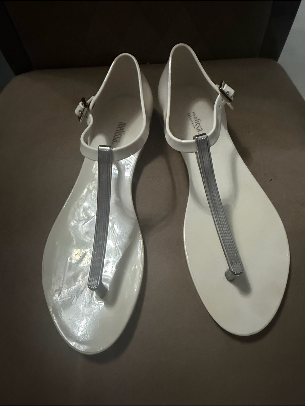 Melissa White Jelly T-Strap Sandals with Silver Accent